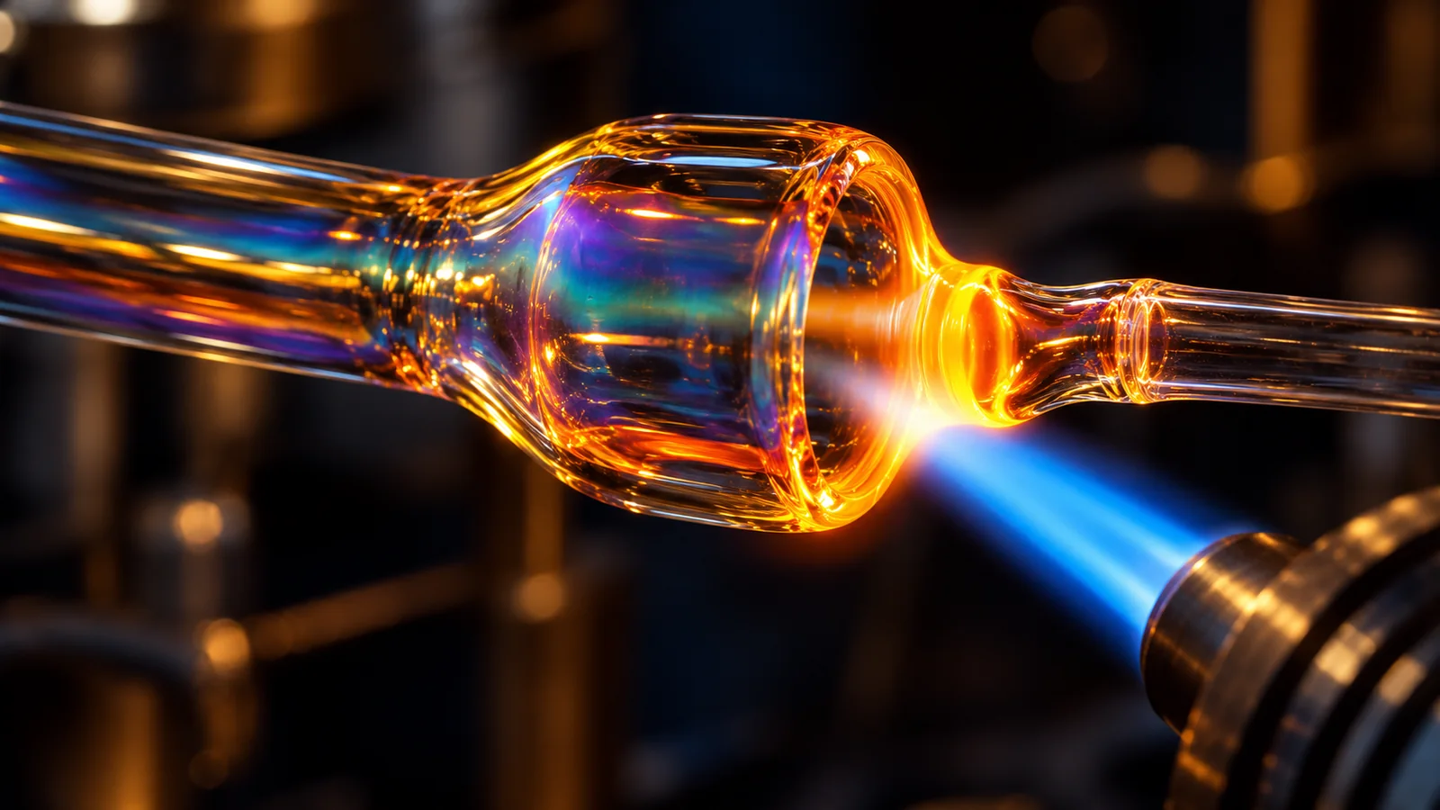 Iridescent amber, teal and violet reflections on glass in a blue torch flame